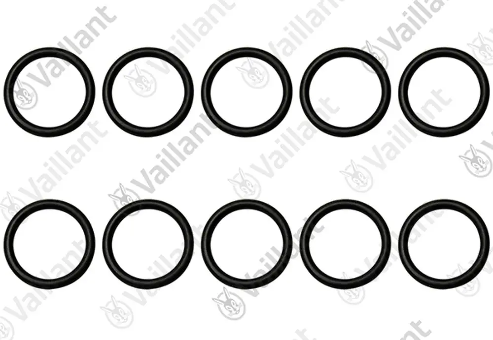 Schwarze O-Ringe in zwei Reihen angeordnet, mit der Aufschrift "Vaillant". Gesamtanzahl: zehn Stück.